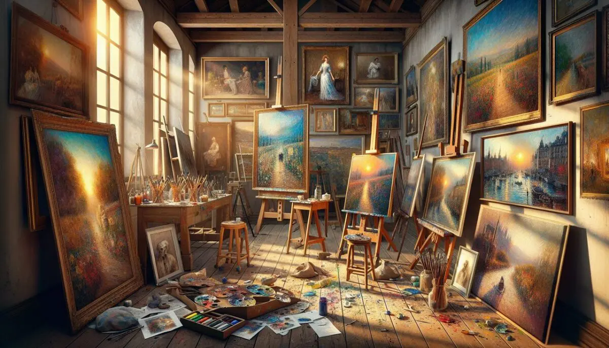 Peintre en A, art studio avec des oeuvres de César Abin, Louis Accary, Marius Adrian.