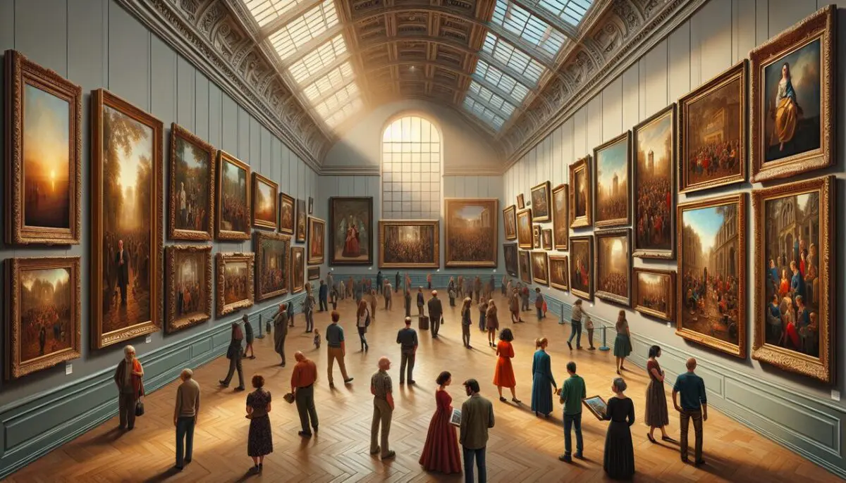 Peintre en B admiré par visiteurs dans galerie d'art.