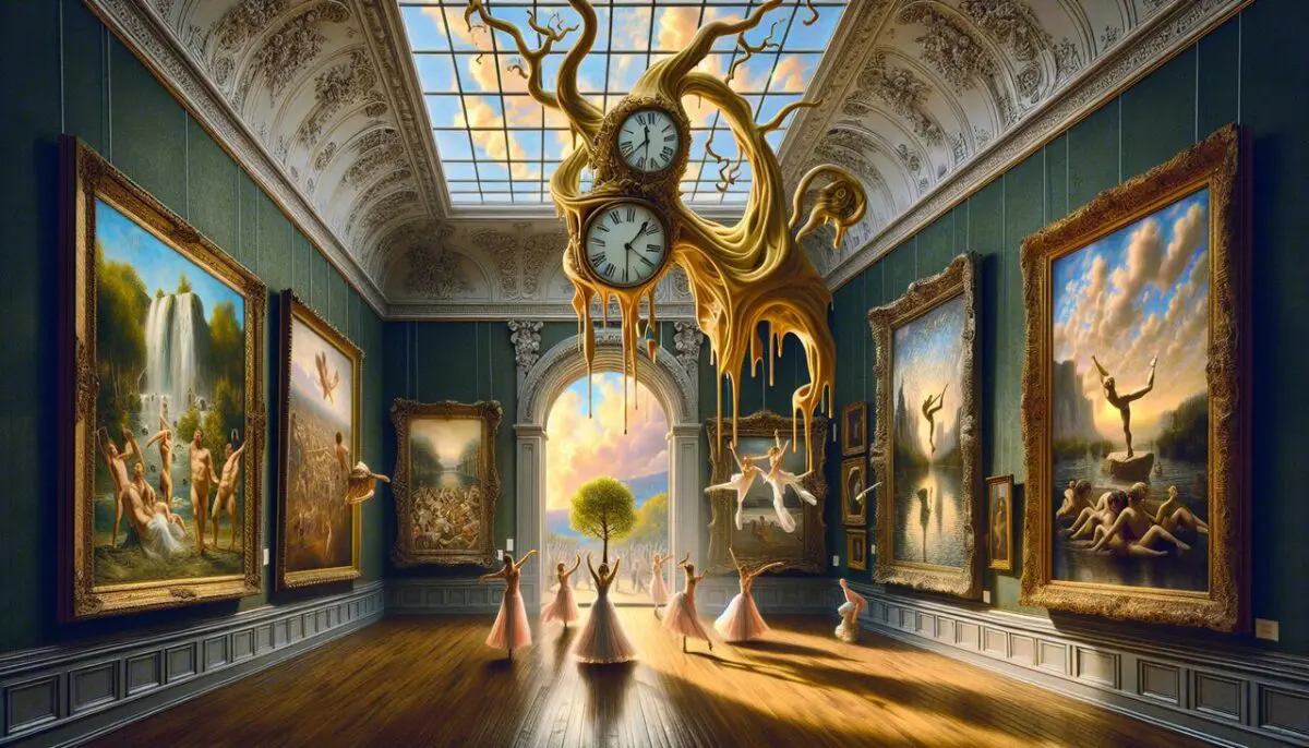 Peintre en D, hommage aux maîtres Dalí, Delacroix, Degas et Duchamp, incluant une horloge surréaliste fondue sur un arbre, "Liberty Leading the People", des ballerines gracieuses et la fameuse "Fountain". Mélange de textures et de coups de pinceaux.