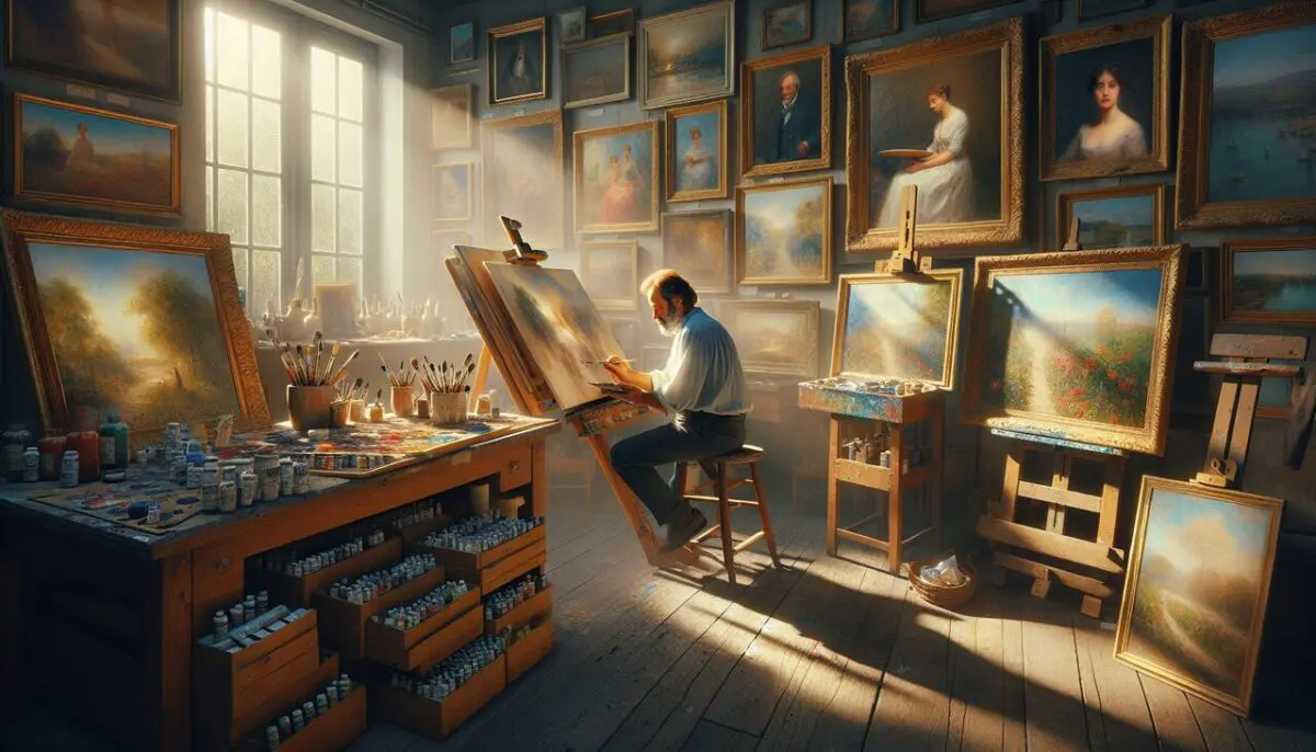 Peintre en F travaillant sur une toile, outils de peinture disposés sur une table en bois.
