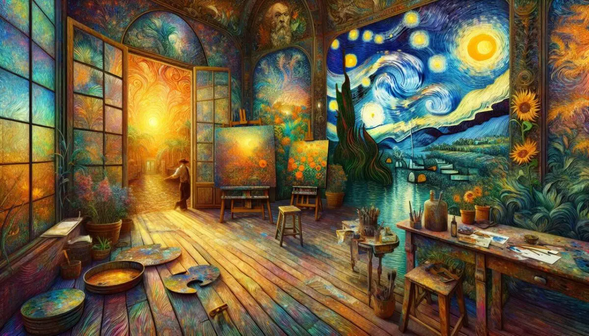 Artiste G: Studio blend Gauguin, Géricault, van Gogh, textures riches, couleurs vives, figures dramatiques, lumière naturelle.