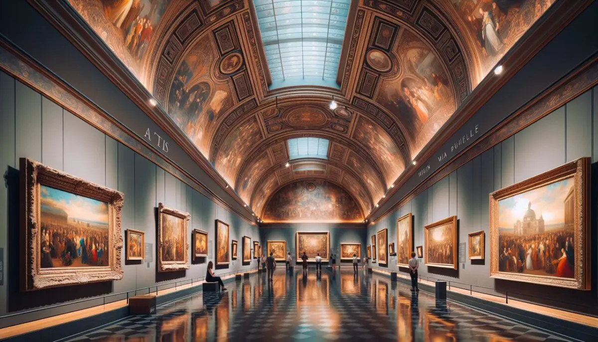 Peinture en H dans une galerie d'art avec visiteurs admirant les toiles des artistes.