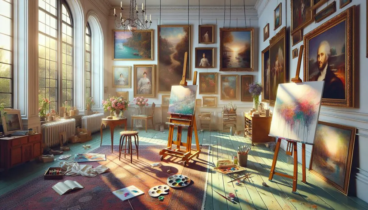 Peintre en I - Ambiance lumineuse d'un atelier d'art avec œuvres encadrées accrochées, palette et pinceaux.