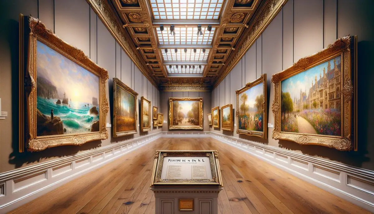 Peintre en L : Galerie d'art avec œuvres de Claude Lorrain, Fernand Léger et Louis Leroy. - Impératif : Rédige un alt text adapté pour Google Images.