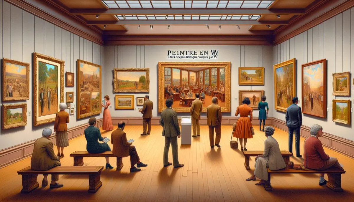 Peintre en W dans une galerie, ambiance chaleureuse et éclairage mettant en valeur chaque œuvre.