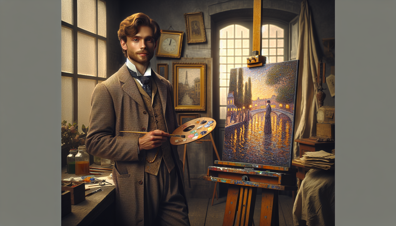 Peintre Seurat en détail : portrait classique avec palette et pinceau, toile pointilliste, vêtements 19ème, éclairage chaleureux, atelier vintage.